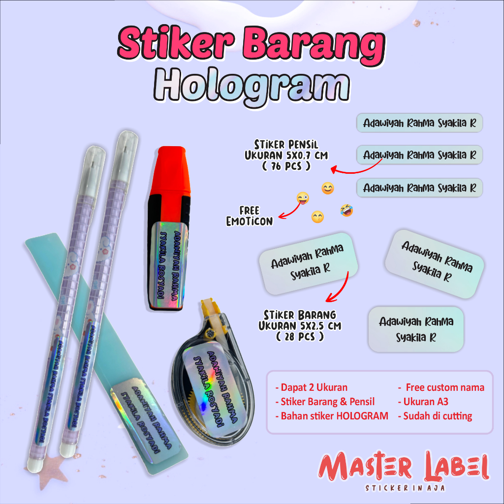 

Stiker Hologram Stiker Nama Custom Hologram Stiker Barang stiker PENSIL uk A3 ISI 104pcs stiker nama pensil label nama pensil stiker nama Label nama Pensil