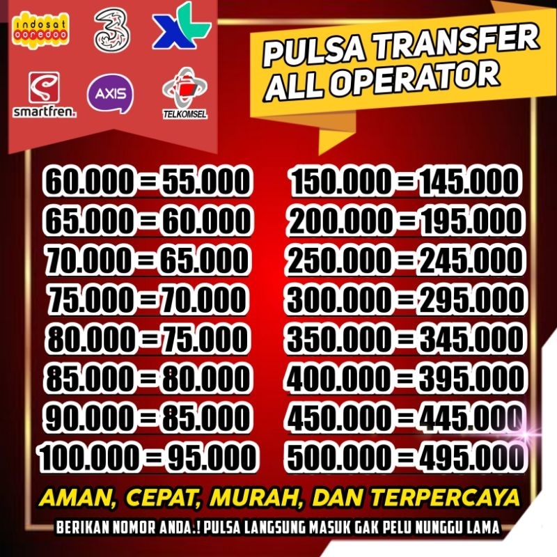 TERMURAH PROMO PULSA TRANSFER ALL OPERATOR 60,65,70,75,80,85,90,95,100,150,200,250,300,350,400,450,5
