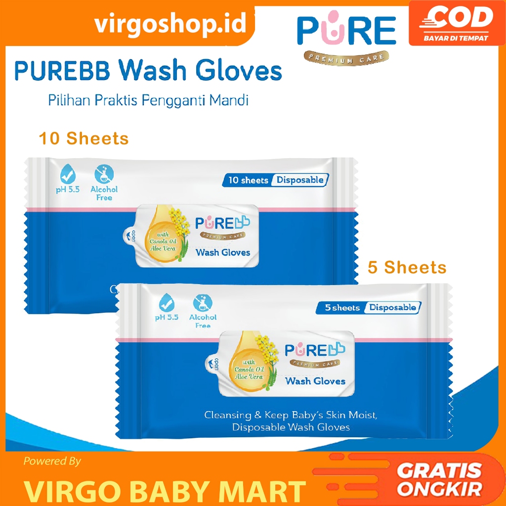 PUREBB Tisu Mandi Bayi Wash Gloves Isi 5/10 Sheets - Tissue Basah Bayi
