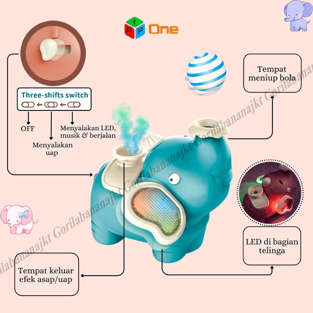 Mainan Ball Blowing Gajah Bisa spray difusser bola tiup ada musik dan lampu Elephant toy