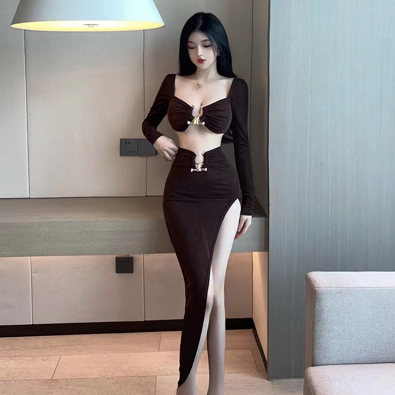 𝐑𝐄𝐀𝐃𝐘 𝐒𝐓𝐎𝐂𝐊 𝐒𝐀𝐅 - GIGI brown set crop top long sleeve + skirt woman premium / setelan crop top lenga