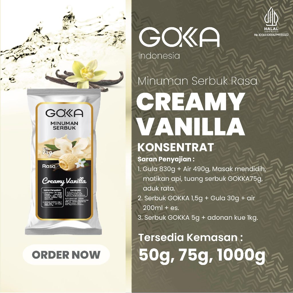 

Bubuk / Powder Minuman Kekinian Gokka Rasa Creamy Vanilla Kemasan 50gr