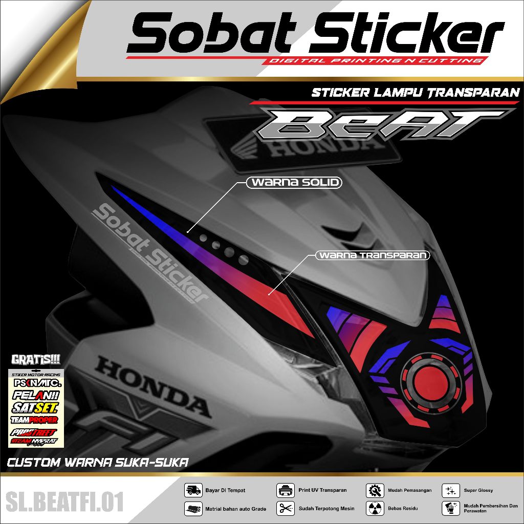 Stiker Lampu BEAT FI / Sticker Lampu Alis Variasi UV Transparan Motor Honda BEAT FI 110 2012 New / S