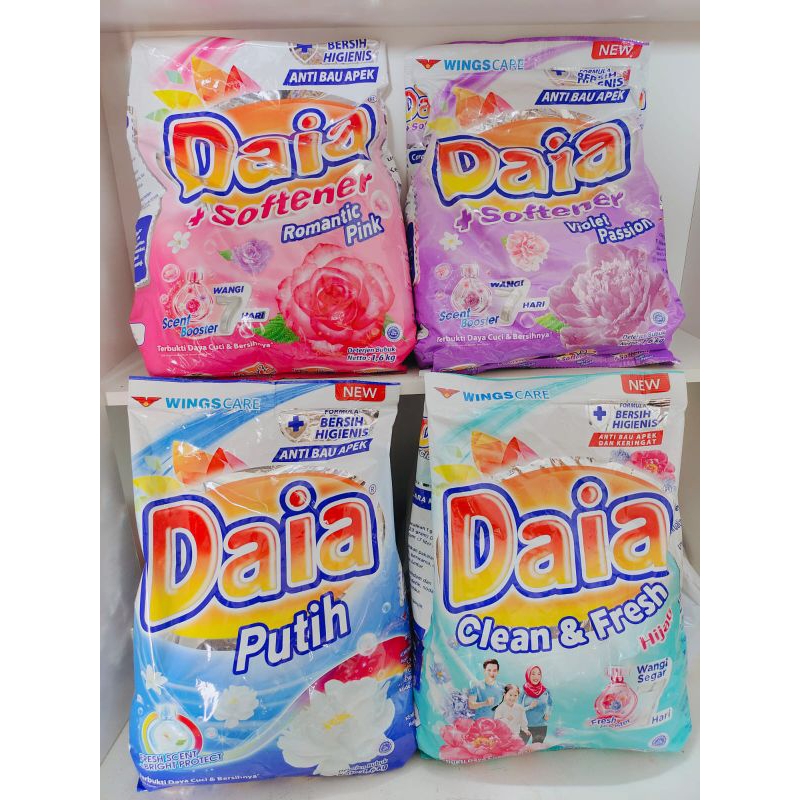 deterjen bubuk DAIA besar wings care 1.6kg putih & pink violet +softener detergen 1,6 kg 1600 gram