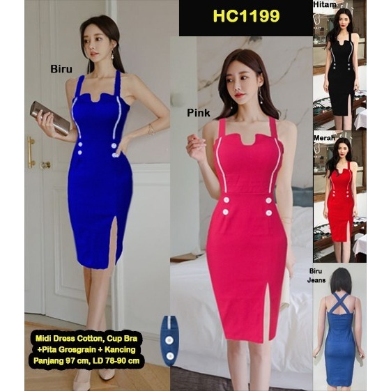 Happycorn HC1199 Midi Dress Cotton + Kancing Stretch Seksi Bodycon / Mididress Katun + Kancing Stret