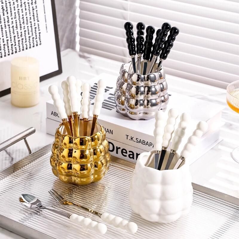 Tempat sendok Gold wadah sendok garpu sendok teh keramik Tempat Sendok Garpu Gold Set