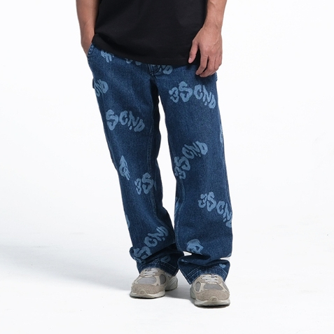 3Second x Muklay Celana Jeans Pria Loose Carpenter Graffity Full Print 031223