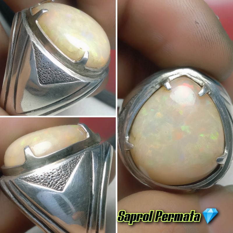 Natural Batu Permata Kalimaya Susu Asli Full Jarong Model Tetes Air Ring Perak Original