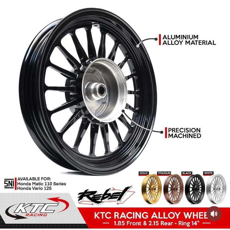 VELG KTC RACING REBEL ORIGINAL RING 14 ALLOY WHEELS PALANG 18 VARIO 110 BEAT SCOOPY GENIO SPACY VARIO 125 150 RING14 PALANG18 VARIO110 VARIO125 VARIO150 NEW 2023