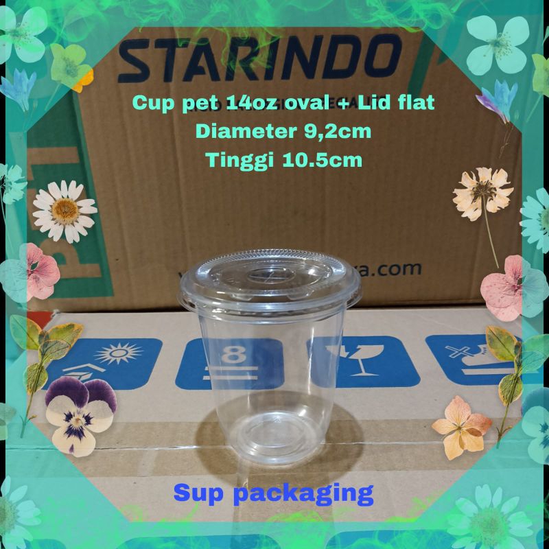 GELAS PLASTIK PET 14OZ Oval + TUTUP   DATAR  / CUP PET OVAL 14OZ + LID FLAT STARINDO