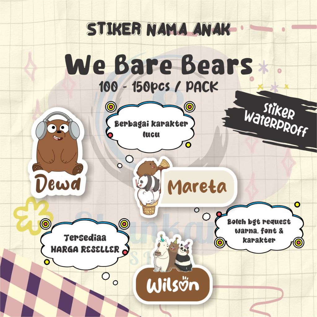 

( 100-150pcs) Stiker Nama TEMA WE BARE BEARS / Stiker Custom / Stiker Langsung Tempel / Stiker Efek Hologram