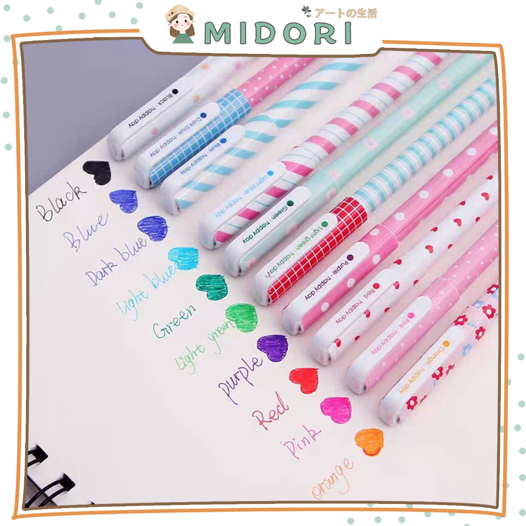 

[MIDORI] 10pcs COLOR SMOOTH GEL PEN FLORAL Pena warna 0,38mm With Box Multi-color Pena Cair Stationary - D0053