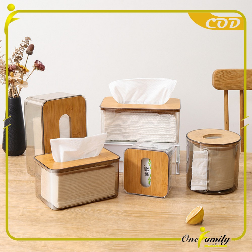 	 ONE-C999 Tempat Tissue Transparan Estetik Tutup Kayu Minimalis / Kotak Tissue Box Wadah Tisu / Tempat Tisu / Tissue Kamar Mandi Dapur Organizer	