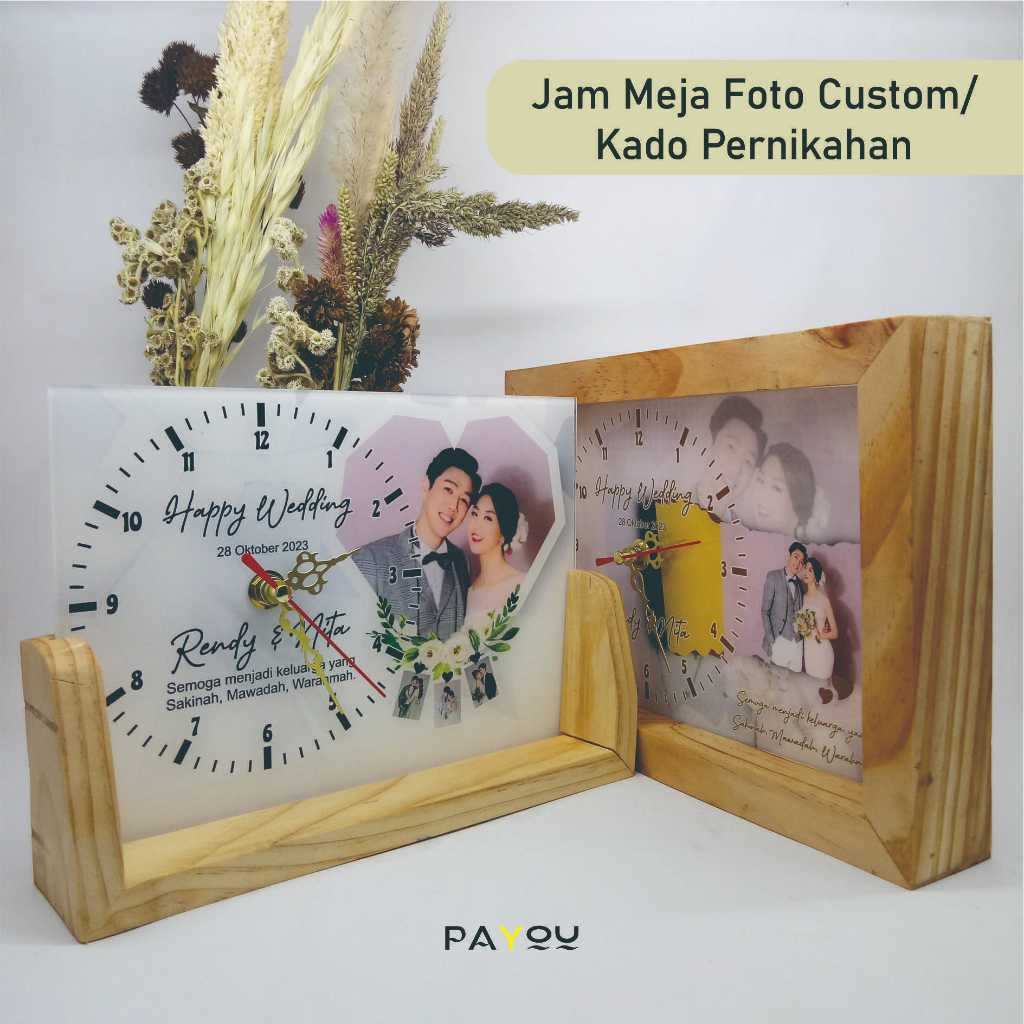 Jam Meja Foto Custom Hadiah Pernikahan/ Jam Akrilik Custom/ Wedding Gift