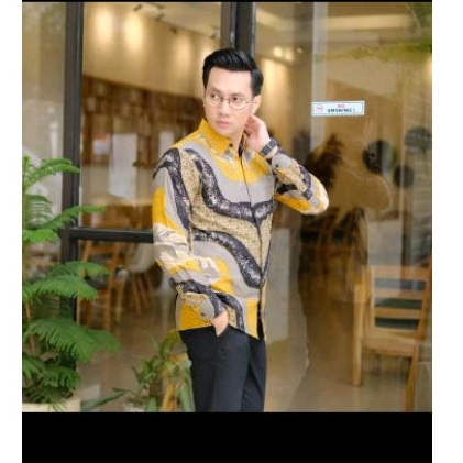 ATASAN KEMEJA HEM BATIK PRIA KUNING KAWUNG MURAH BAGUS FULL PURING