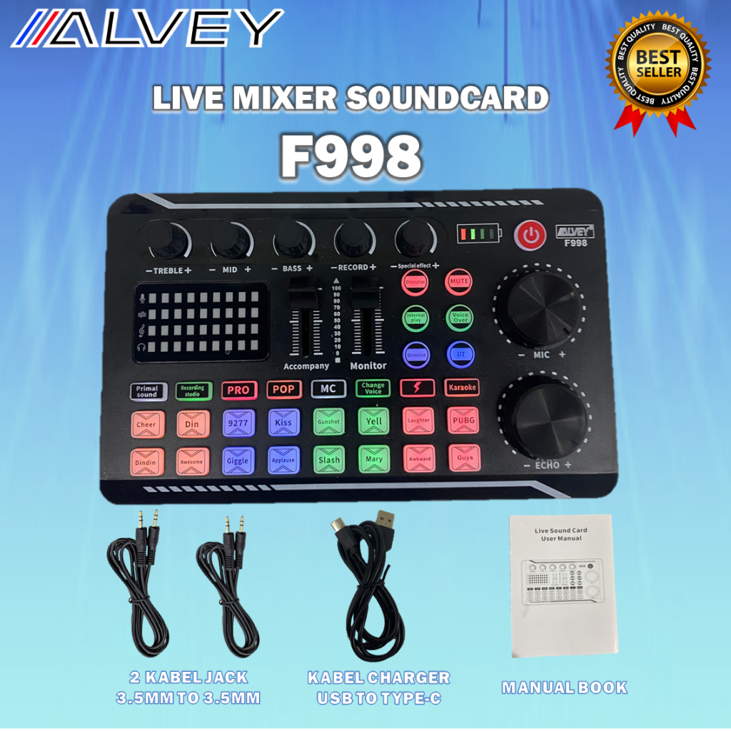 ALVEY SOUNDCARD F998 Compatible MIxer Eksternal USB Untuk Phone Pc Sound Card Live
