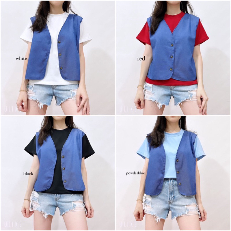 Foria vest denim top atasan wanita kaos rompi luaran merah putih natal