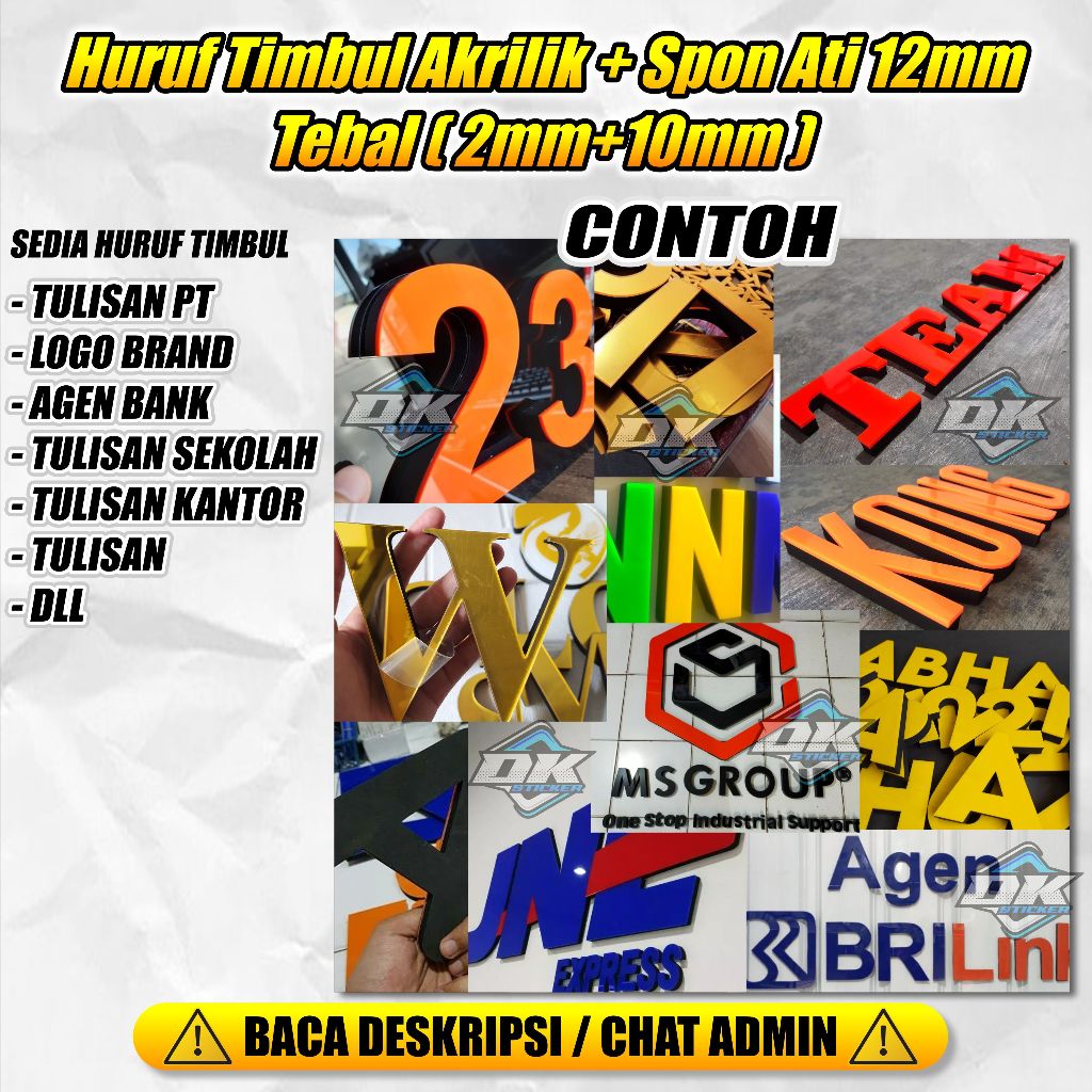 Huruf Timbul Akrilik + Spon Ati 12mm (2 mm+10mm) Huruf Timbul Huruf Akrilik Custom Akrilik