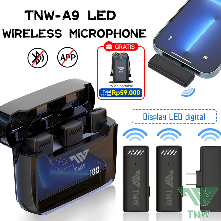 Rekomendasi.. TNW-A9 Wireless 2 Microphone Dual Mikrofon Youtuber Vlog with Charging Case Clip on Mi