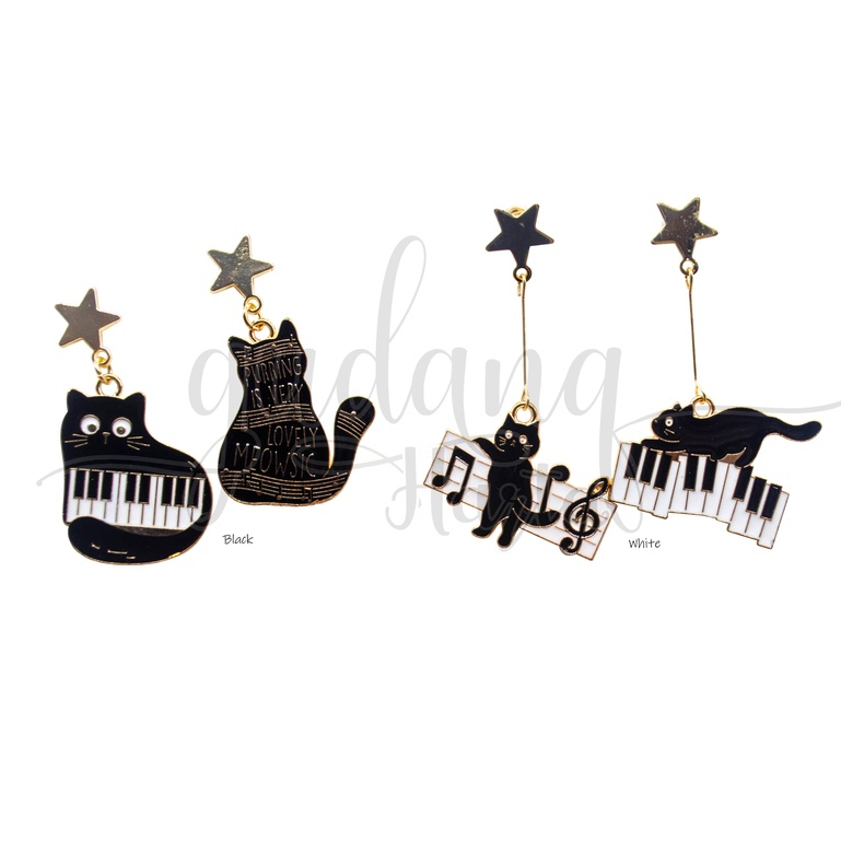 Anting Stud Black Cat Piano Earrings Motif Kucing Piano Unik GH 203361