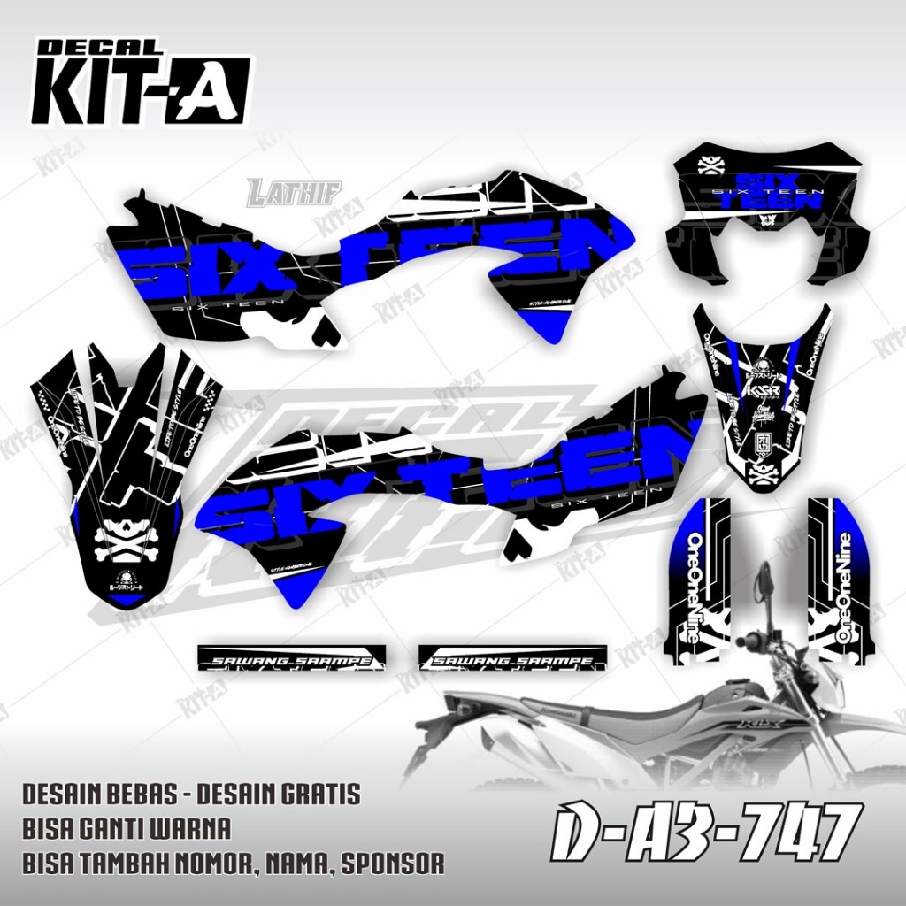 decal sticker Kawasaki KLX BF 150 design terbaru Motif Abstrak Biru Putih D-A3-747