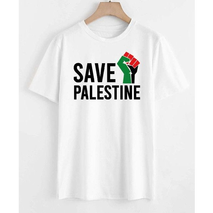 Atasan Kaos Pria Distro SAVE PALESTINE original combed 30s Warna Putih Bersih / Kaos Free Palestine 