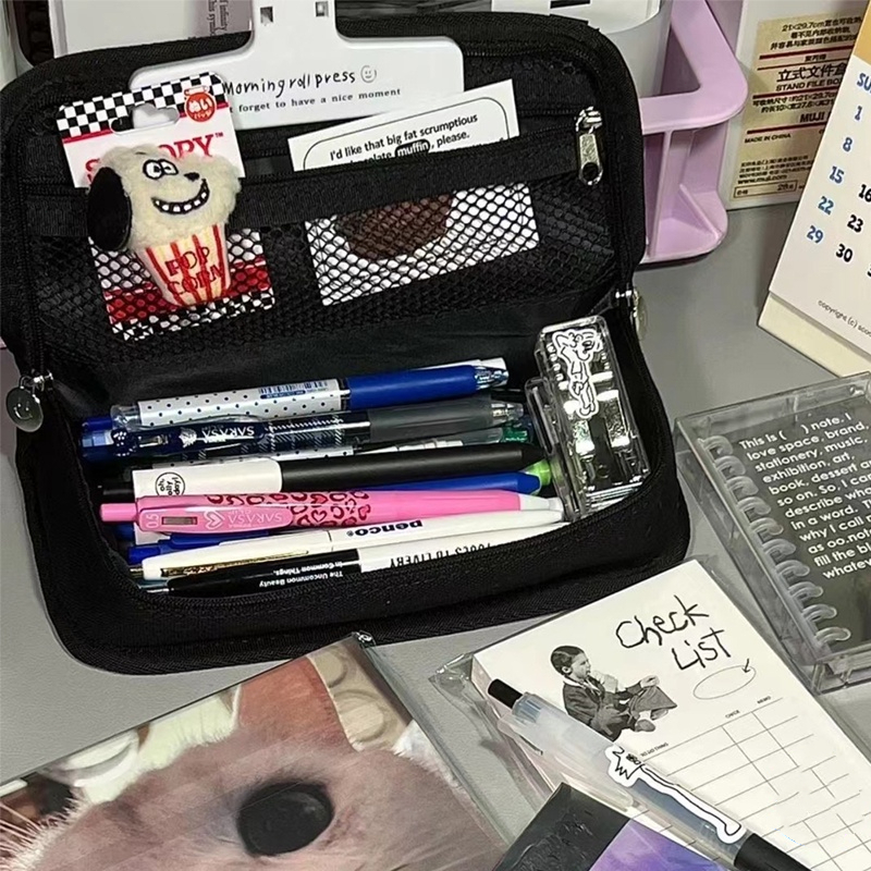 

HenJO Kotak pensil/tempat alat tulis Jepang berkapasitas besar/kotak pensil kotak-kotak hitam putih