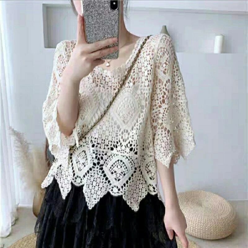 35110 Baju atasan outer SOPRADA CROCHET TOP lengan kalong putih creme Korea Korean style wanita premium import baju atasan outer luaran kardigan kerja kantor pesta kondangan santai pantai brokat cewek remaja perempuan korean look putih cream polos terbaru