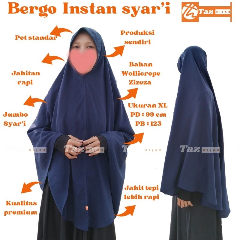 Jilbab kerudung bergo Khimar jumbo instan syar'i dengan pet standar antem hijab bahan wollycrepe Wol