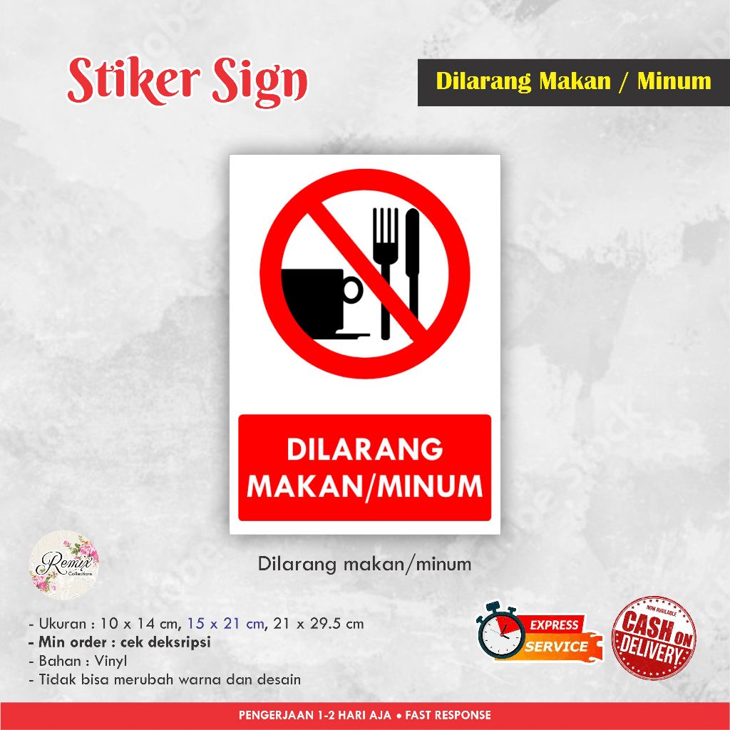 

STIKER SIGN DILARANG MAKAN DAN MINUM VINYL / STIKER PERINGATAN / SIGN LABEL / WARNING SIGN