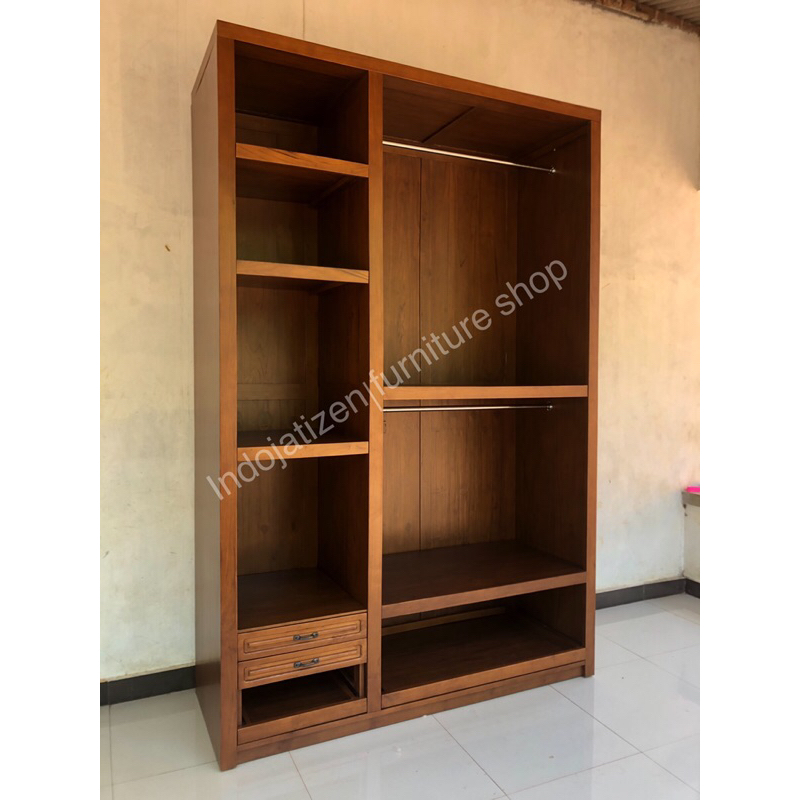 Lemari pakaian tanpa pintu kayu jati asli