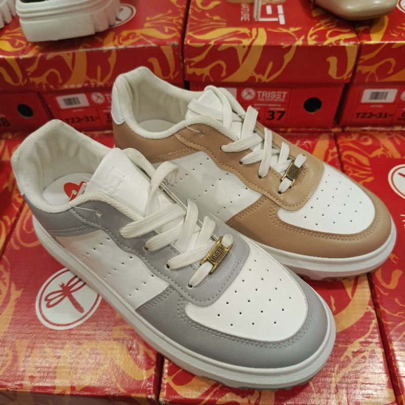 New Sepatu sneakers tali triset || sepatu wanita Putih list camel & grey || Sepatu Triset stock terb