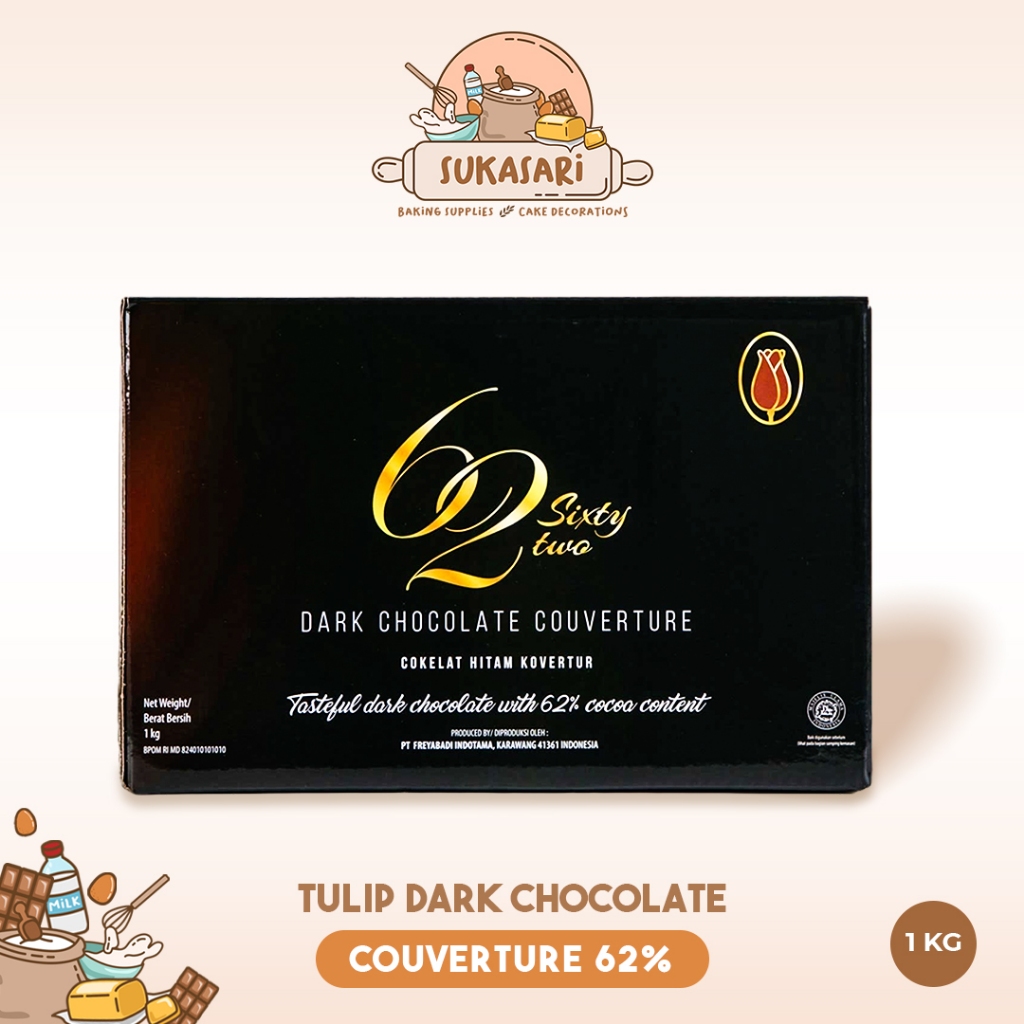 

Sukasari - Tulip Dark Chocolate Couverture 62% / Chocochips Tulip Coklat Kovertur