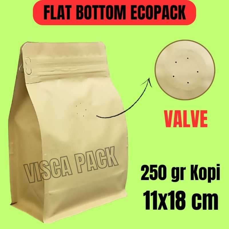 KEMASAN KOPI 250 GRAM FLAT BOTTOM ECOPACK KPACK + VALVE