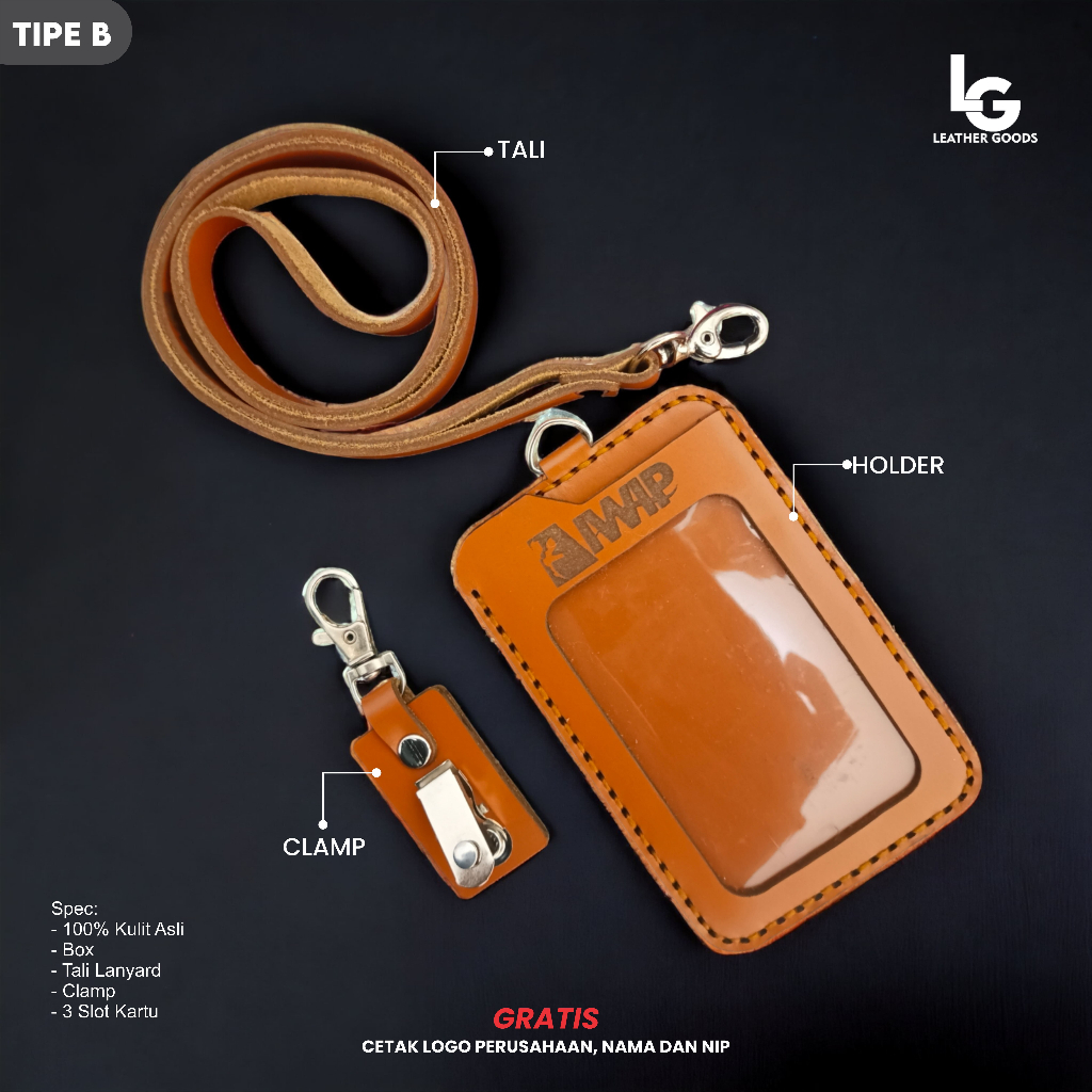 

ID Card Holder Lanyard Kulit Custom Nama Logo - Type B