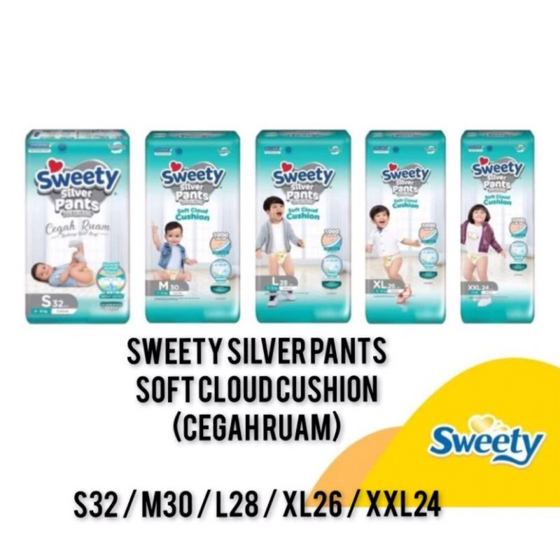 PAMPERS CELANA SWEETY SILVER PANTS S32 / M30 / L26 / XL26 / XXL24 Unisex. BOY / GIRL