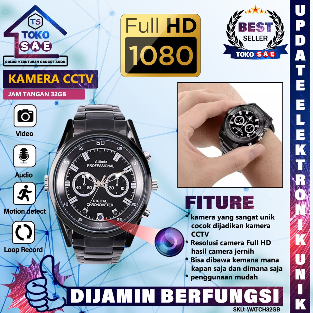 32GBWATCH-STAN Camera Spy Jam Tangan Pintar Kamera Watch Waterproof 32GB Camcorder Perekam Vidio Pot