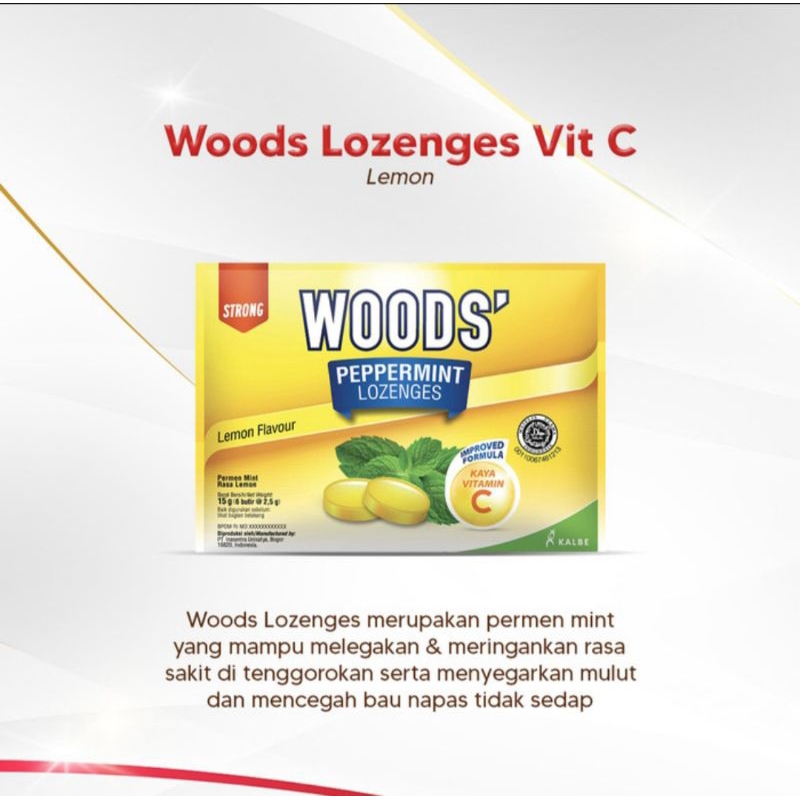 

WOODS LOZENGES - LEMON PLUS VITAMIN C - PERMEN PELEGA TENGGOROKAN - PER SACHET ISI 6 BUTIR