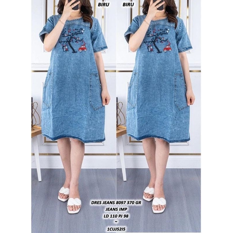 Dress jeans denim bordir motif Love Car jumbo 3L dan 5L, saku samping, lengan pendek