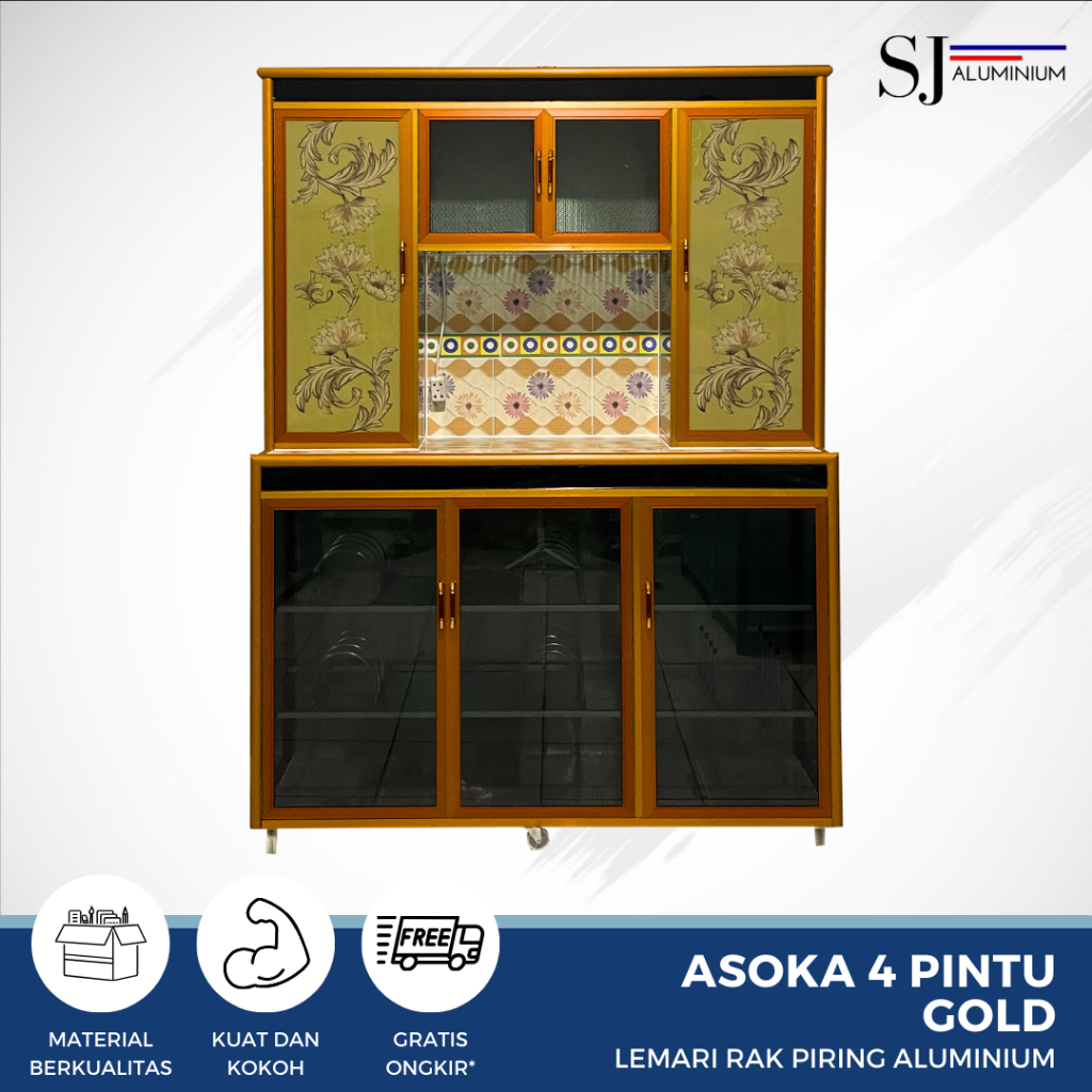 SJA - Rak Piring / Lemari Piring / Rak Dapur Kaca Aluminium - Asoka 4 Pintu Gold