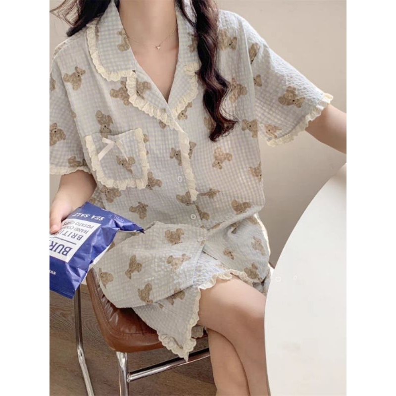Ayaka set-Baju Tidur Wanita Piyama Cewek Set Kemeja Lengan Pendek Celana Pendek Style Korea Jumbo De