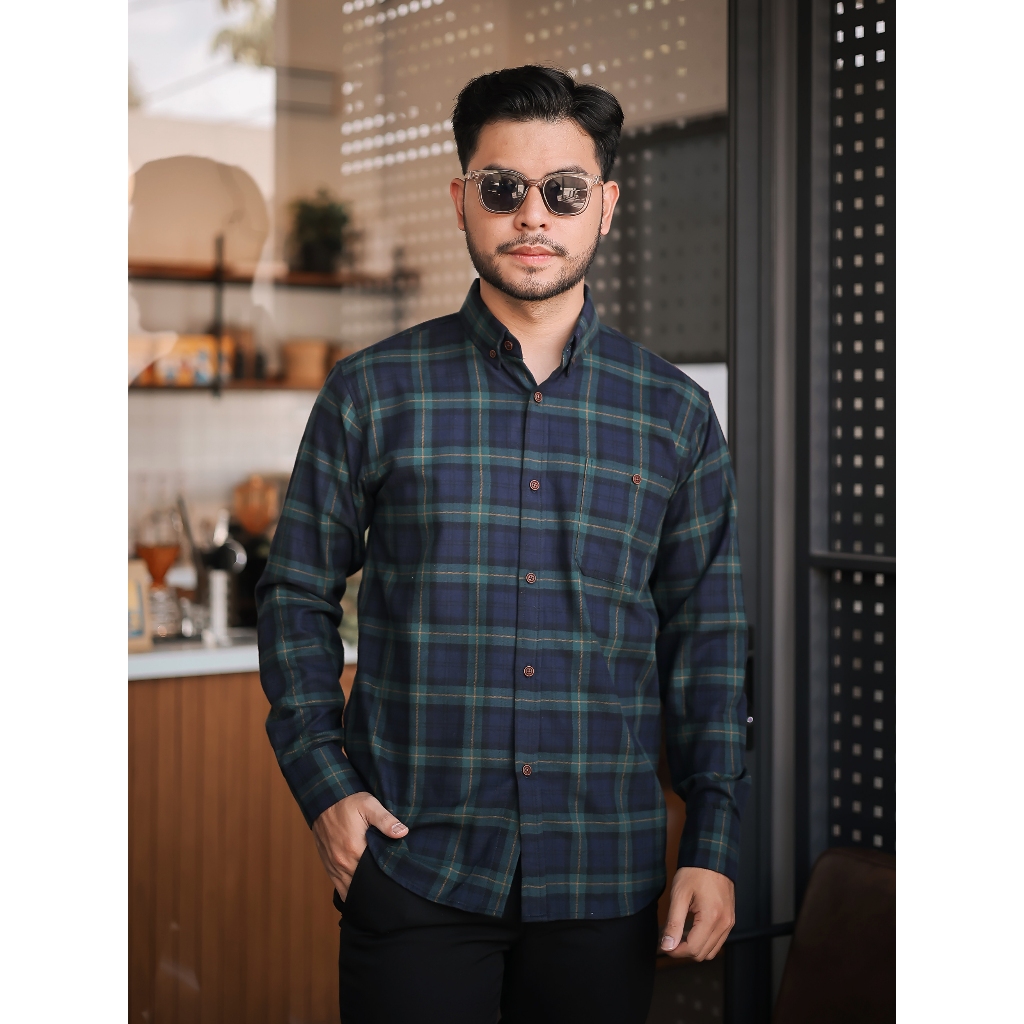 SUNFISCO Kemeja Pria Flannel Lengan Panjang Green Nevada