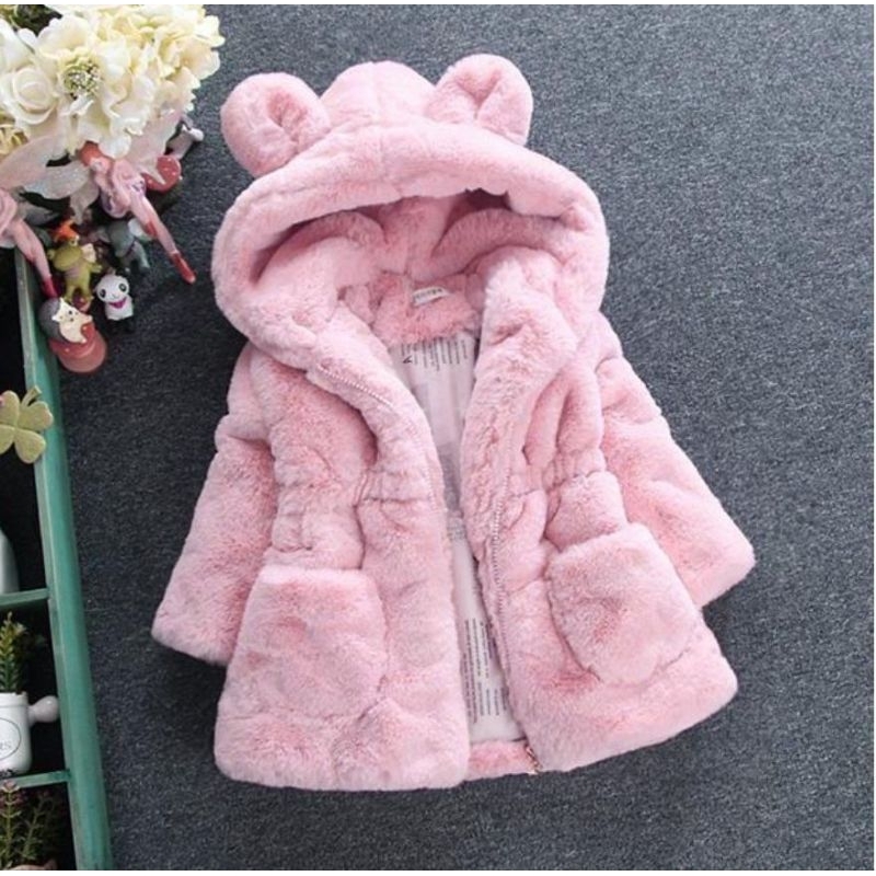 Jaket Mantel Bulu Anak Perempuan Korea 2-5 Premium / Jaket Winter Bulu Bayi Musim Dingin Double Flee