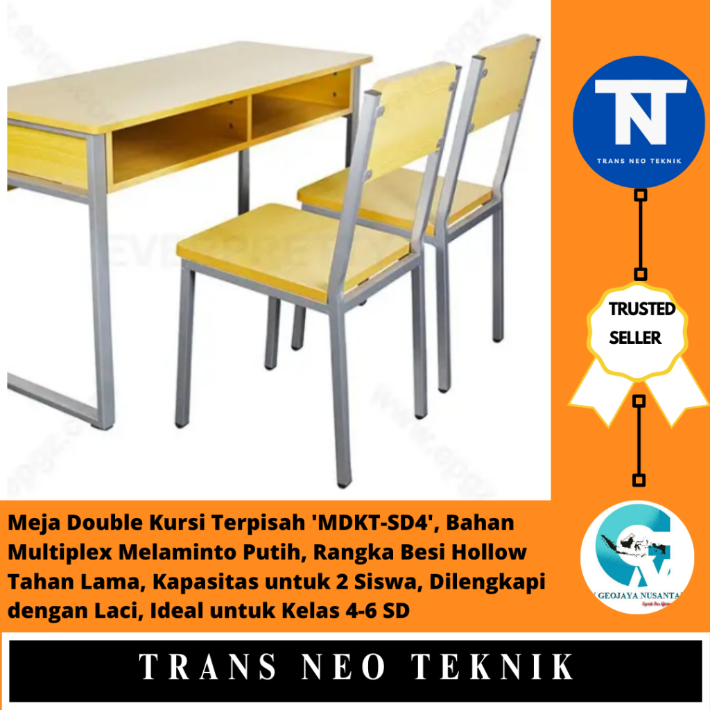 Meja Double Kursi Terpisah 'MDKT-SD4', Bahan Multiplex Melaminto Putih, Rangka Besi Hollow Tahan Lam