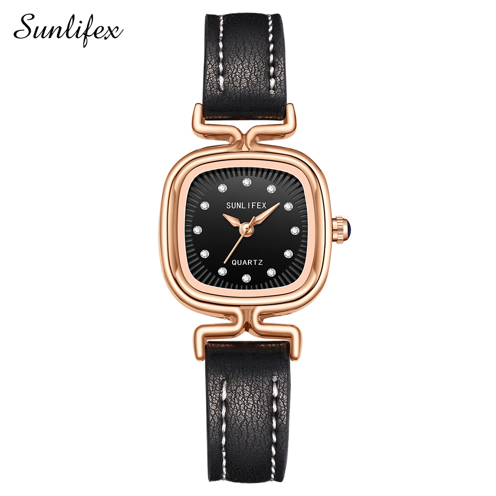 Sunlifex Jam Tangan Wanita Original Korea Retro Anggun Kuarsa Berlian Jam Tangan Cewek-AllBlack