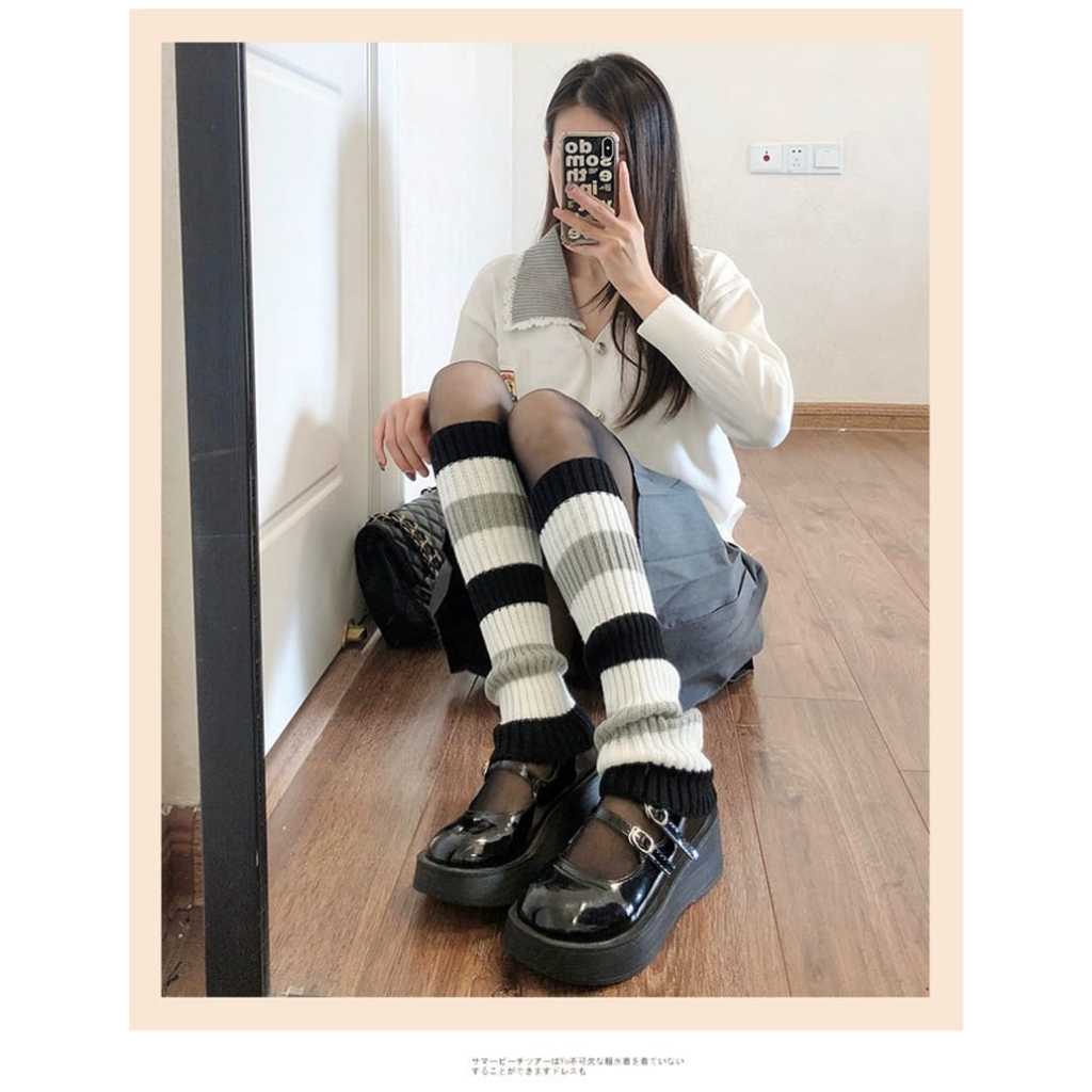 ITSHOPING - Kaos Kaki Panjang Penghangat Betis Motif Salur Japanase Style Leg Warmer Cute  Gothic Harajuku Style