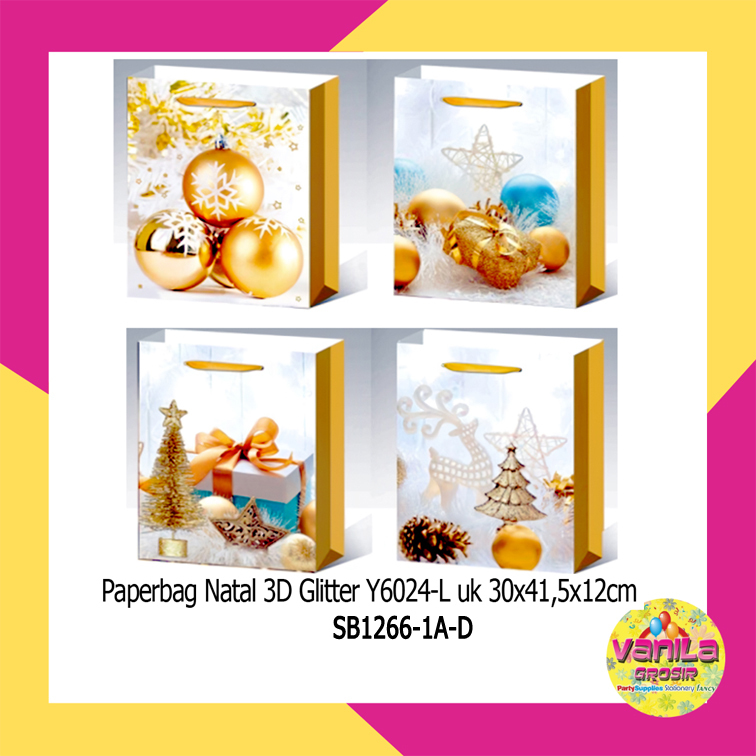 

1 PCS PAPERBAG NATAL 3D GLITTER PUTIH NUANSA GOLD UK 30X41,5X12CM SHOPPING BAG, TAS KADO