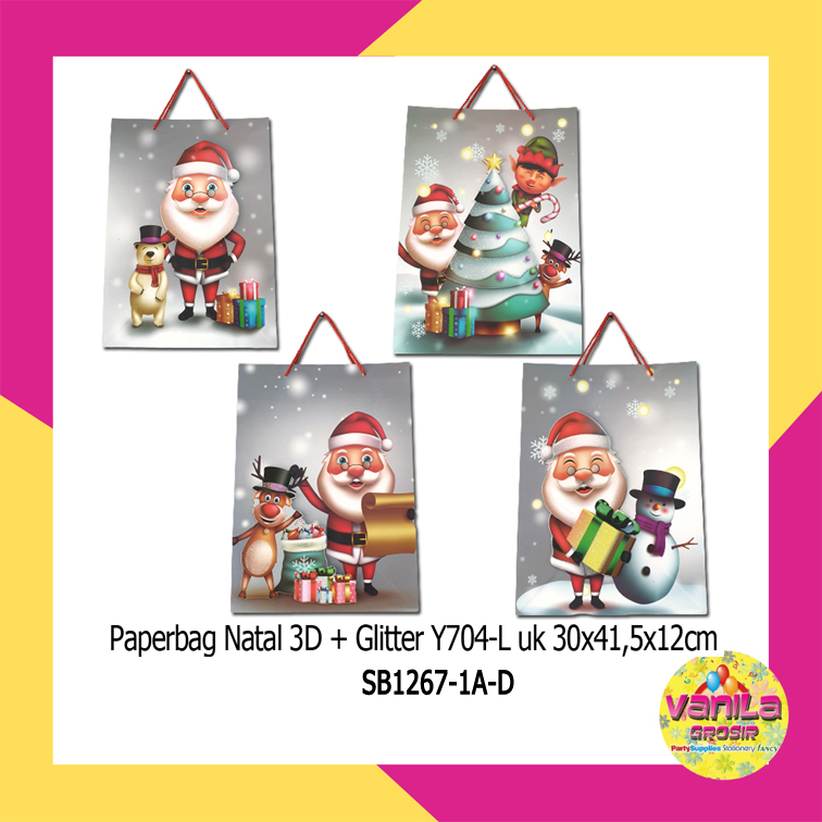 

1 PCS PAPERBAG NATAL 3D GLITTER MERAH ABU SANTA ELF UK 30X41,5X12CM SHOPPING BAG, TAS KADO