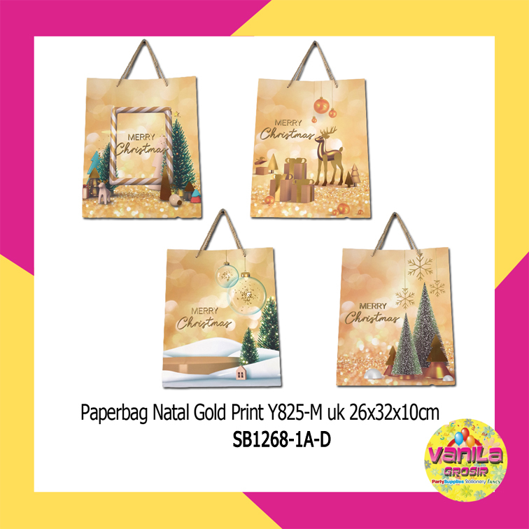 

1 PCS PAPERBAG NATAL PRINTED GOLD UK 26X32X10CM NON 3D SHOPPING BAG, TAS KADO