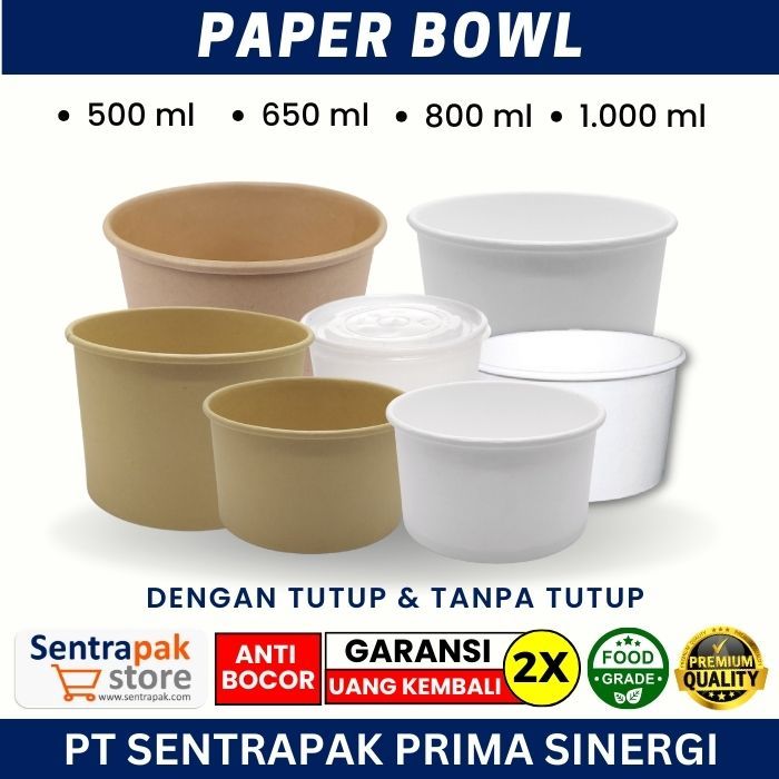 Paper Bowl 500ml, 650ml, 800ml, 1000ml Kraft & Putih - dengan tutup dan sekat / tray - Paper Rice Bo